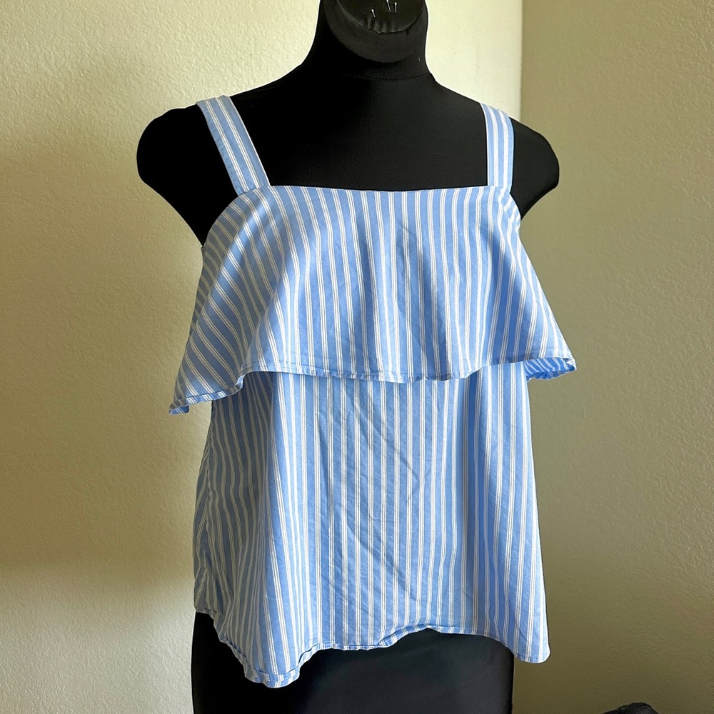 Blue and white striped peplum tank- size small